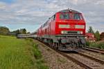 218 433-1 in Doppeltraktion mit unbekannter Schwestermaschine kommen in der Nähe von Schlachters mit dem EC 192 von München Hbf nach Zürich HB vorbei.Bild vom 8.8.2014