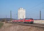 218 410 mit IRE 4229 nach Lindau in Beimerstetten.(19.3.2016)