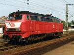 218 908-2 auf Bahnhof Leer am 14-9-1991.