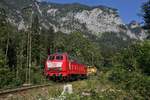 Railsystems RP 218 319 steht mit ihrem Bauzug nahe Hallthurm und wird in Kürze ihre Fahrt in den Bahnhof fortsetzen. Grund dafür waren umfangreiche Bauarbeiten unter anderem an der Oberleitung auf der Strecke Freilassing-Berchtesgarden.