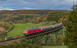 218 451 mit einem Sonderzug für Filmaufnahmen auf dem Biesenbachviadukt 17.10.24