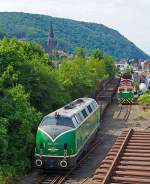 Die V 200 053 der Brohltal-Schmalspureisenbahn Betriebs-GmbH abgestellt auf dem Umladebahnhof am 04.07.2012 in Brohl.