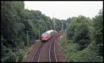 V 200007 mit dem Lübeck - Büchener Doppelstock am 8.7.1993 um 15.25 Uhr unterwegs nach Münster auf der Rollbahn bei Hasbergen.