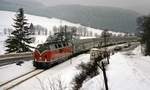 221 108 mit Wintersportzug aus Mnster zwischen Silbach und Winterberg (Februar 1985).