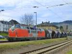 Deutschland, Rheinland-Pfalz, Bahnhof Saarburg, RTS 221 134 in Richtung Konz,  V160-1; Krauss-Maffei; Serie von 50 Loks; von 1962-1965 gebaut; von 1987-1988 ausgemustert; Achsfolge BB; 140 km/h; 1986