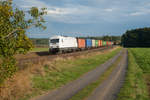 223 143 mit dem Containerzug Wiesau-Hamburg bei Oberteich, 10.10.2016