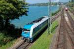 In schnster Mittagssonne wartet  alex  223 070 auf die Freigabe zum Rangieren kurz vor dem Seedamm in Lindau Hbf.