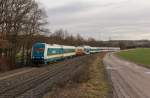 Der sehr bunt gemischte ALX/EX 353 (Mnchen-Prag) war am 31.12.12 bei Haselbach unterwegs.