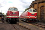 Die Lok 204 des VEB Chemische Werke Buna (NVR-Nummer: 92 80 1228 501-3 D-WFL) und das Boot der DLFB 119 158-4 beim 15.