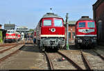 228 141-8 (118 141-1 | DR V 180 141) des Sächsischen Eisenbahnmuseum Chemnitz-Hilbersdorf e.V. (SEM), 232 601-5 (132 601-6) der Wedler Franz Logistik GmbH & Co. KG (WFL) und 232 173-5 (132 173-6) der TRIANGULA Logistik GmbH stehen anlässlich des 28. Heizhausfests im SEM.
[25.8.2019 | 15:43 Uhr]