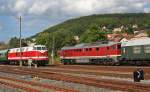 Zur Begegnung dieser zwei schnen DR-Diesellokomotiven kam es am 01.09.2012 im Bahnhhof Meiningen. Beide, 118 770-7 sowie 132 004-3, waren mit Sonderzgen zum Dampfloktreffen gekommen.