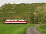 EBS 118 757-3 als Tfzf von Karsdorf nach Weimar, am 17.04.2014 in Balgstädt. Es war ihre Premierenfahrt in DR Farben.