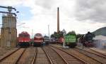 Blick von der Drehscheibe auf das Ausstellungsgelnde. Am Tag der offenen Tr bei Uwe Adam in Eisenach wurde fr das Auge des Eisenbahnfans einiges geboten. Aufgenommen am 23.07.2011. 