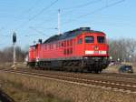 232 595 auf dem Weg nach Stralsund, bei der Durchfahrt durch Stralsund-Langendorf.