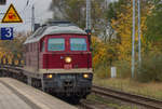 Ein Zug mit einer Lok der BR 232 durchfährt den Hauptbahnhof Neustrelitz. 24.10.2017