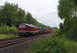 DGS 95157 mit Holzzug von Stade nach Plauen, kurz vor dem Ziel. Hier zusehen die 132 334 , 140 789 und 140 772 vom Erfurter Bahnservice. Aufgenommen bei Jößnitz am 15.06.2018