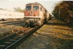 232 293 mit einer Regionalbahn nach Ueckermnde am 24.10.1996 in Grambow.