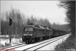 232 693 und 232 296 dieseln im ersten Schnee des Winters 2008/09 am Mittag des 23.11.08 mit dem Kohlezug zum HKW Chemnitz-Nord am Kchwald entlang.