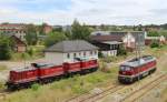 132 158 der LEG, 202 466  Gauner  und 202 364  Rambo  der EBS waren am 23.06.14 in Gera Hbf zusehen.