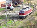 132 334-4 der EBS wartet vor dem Bahnbetriebswerk Gera auf ihren nächsten Einsatz am 22.10.2019