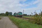 Am 18.09.2019 zog 241 338 der Starkenberger Baustoffwerke einen Leerzug in Richtung Kayna. In Krze erreicht der Zug den ehemaligen Bahnhof Grobraunshain.