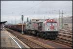 OHE-Tiger 330090 verlsst am 19.01.07 mit seinem Holzzug von Arnsberg den Aalener Bahnhof via Brenzbahn (KBS 757) nach Herbrechtingen-Vohenstein.