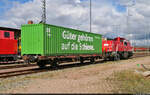 Mit einem aussagekräftigen Container drehte 261 019-4 (Voith Gravita 10 BB) ihre Runden über die Zugbildungsanlage (ZBA) Halle (Saale).