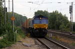 Die Class 66 PB15 von Crossrail kommt als Umleiter aus Richtung Aachen-West,Laurensberg,Richterich mit einem MSC-Containerzug aus Antwerpen-Krommenhoek(B) nach Germersheim(D) und fährt durch