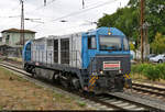 Die als Tfzf fahrende 273 005-9 (V 1001–033 | Vossloh G 2000 BB) näherte sich in Naumburg(Saale)Hbf dem Halt zeigenden Signal von Gleis 2 und lässt erst einmal den RB25-Ersatzzug nach