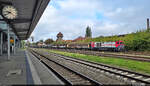 Aluminium von Novelis aus Nachterstedt (2/2):  Genau eine Woche später, zur selben Zeit und mit derselben Lok, begegnet mir der Aluminiumzug im Bahnhof Aschersleben noch einmal.