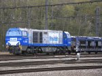 Die V206 von der Rurtalbahn steht mit einem Autoleerzug in Montzen-Gare(B) bei Aprilwetter am 21.4.2012.