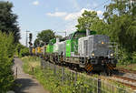 0650 145 mit einem Vossloh Lokzug bestehend aus 4185 023 (Vossloh) ; 679008 und 679007 (SNCF) sowie der Vossloh DE12 (Inno Trans 2012) , bei BN-Limperich am 23.06.2019