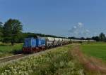 V65-12 (265 303) mit einem Schotterzug nach Prnst am 12.07.2013 bei Gotteszell.