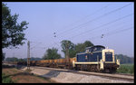 Einen langen Gleisschotter Reinigungszug hatte 291099 am 10.6.1996 bei Gleisbauarbeiten am westlichen Ortsrand von Hasbergen am Haken.