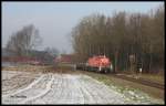 Mit ihrem mittäglichen Güterzug kam am 21.1.2016 die DB 295059 die Steigung am Augustaschacht bei Hasbergen herauf.