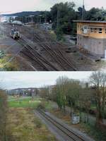 Das Gelände des Güterbahnhofes Düsseldorf-Grafenberg einst & jetzt: Auf dem oberen Bild der Zustand um 1990 mit einer 261 (heute 361) als Rangierlok.