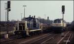 Bei Durchfahrt in Büchen waren dort am 26.4.1991 die Dieselloks 218324 und 365719 im Einsatz zu sehen.