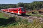 Auf der Fahrt von Basel nach Ulm passieren 611 035 und ein unerkannt gebliebener 611er als IRE 3365 am 16.09.2012 im Schussentobel bei Kilometer 165.4 einen Holzlagerplatz