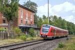 612 626 legte sich am 18.7.18 als RE von Erfurt nach Schweinfurt im alten Bahnhof Rottershausen in die Kurve.