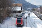 Aus Oberstdorf kommend fhrt 612 589 am 20.2.2010 in den Immenstdter Bahnhof ein um von dort aus mit einem weiteren 612 seine Weiterfahrt anzutreten.