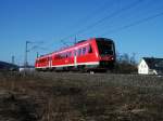 612 594 ist am 19.03.11 als RB 37631 nach Bamberg, bei Stockheim(Oberfr) Richtung Kronach unterwegs.