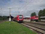 612 065  Stadt Schweinfurt  und ein weiterer 612er durchfahren am 1. August 2011 als RE nach Saalfeld (Saale) den Bahnhof Hochstadt-Marktzeuln ber Gleis 4.