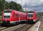 612 665 und 612 655 treffen sich am 29. August 2011 als RB nach Hochstadt-Marktzeuln sowie als RB nach Hochstadt-Marktzeuln auf Gleis 3 und 4 in Kronach.