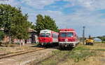 614 022 / 614 021 und 614 041 / 614 042 als R 10304 (Bârlad - Galati) treffen auf 614 074 / 614 073 als R 10303 (Galati - Bârlad) im Bahnhof Beresti 18.8.24  