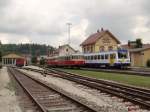 Am 31.07.14 standen 626 410 und 626 220 der SAB in Münsingen. VT 14 mit VT 8 der SAB haben Einfahrt.