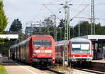 101 122-0 IC nach Karlsruhe und 628 332 RE nach Heilbronn. Bahnhof Crailsheim 05.09.2015