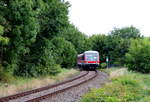 CLR 628 225 als DPE 79332 von Klostermansfeld nach Sömmerda unt Bf, am 17.08.2024 in Sömmerda. Die Wipperliese machte einen Ausflug zum Bahnhofsfest des Pfefferminzbahnvereins in Sömmerda, wo der 150. Geburtstag der Pfefferminzbahn gefeiert wurde.