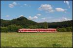 Ein 628er ist am Nachmittag des 02.07.08 unterwegs als RE 22532 von Ulm Hbf nach Crailsheim, aufgenommen zwischen Knigsbronn und Oberkochen an der Brenzbahn (KBS 757).