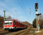 628 298 der WestFrankenBahn als Regionalexpress am Aschermittwochnachmittag 2012 vor Eschenau Richtung Heilbronn unterwegs.
