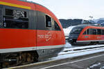  Nase an Nase  stehen die Dieseltriebzüge 642 710 und 642 218 am Bahnhof Pfronten-Ried. (November 2023)
